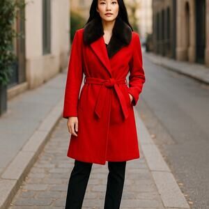 J Jason Wu Tailored Belted Coat Red Faux Fur Collar Plus Size 1X
